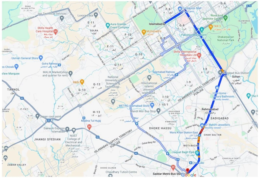 Driving Directions Murree Road From Islamabad to Saddar, Rwp via Murree Rd